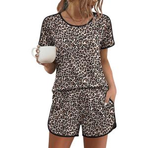 image:imageEkouaer Womens Pajama Sets Short Sleeve Sleepwear Soft Pjs Sets Round Neck Summer 2 Piece Lounge Set with Pockets SXXLBrown Leopard Print