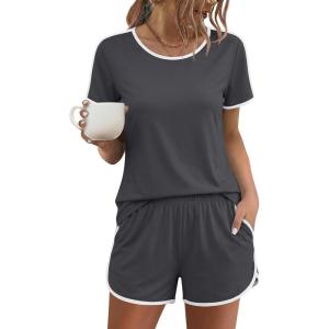 image:imageEkouaer Womens Pajama Sets Short Sleeve Sleepwear Soft Pjs Sets Round Neck Summer 2 Piece Lounge Set with Pockets SXXLDark Grey