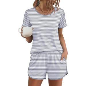 image:imageEkouaer Womens Pajama Sets Short Sleeve Sleepwear Soft Pjs Sets Round Neck Summer 2 Piece Lounge Set with Pockets SXXLGrey Stripe