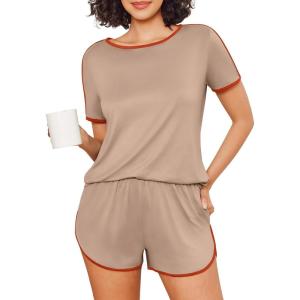 image:imageEkouaer Womens Pajama Sets Short Sleeve Sleepwear Soft Pjs Sets Round Neck Summer 2 Piece Lounge Set with Pockets SXXLKhaki