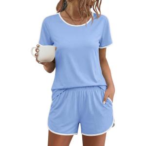 image:imageEkouaer Womens Pajama Sets Short Sleeve Sleepwear Soft Pjs Sets Round Neck Summer 2 Piece Lounge Set with Pockets SXXLLight Blue
