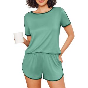 image:imageEkouaer Womens Pajama Sets Short Sleeve Sleepwear Soft Pjs Sets Round Neck Summer 2 Piece Lounge Set with Pockets SXXLMint Green