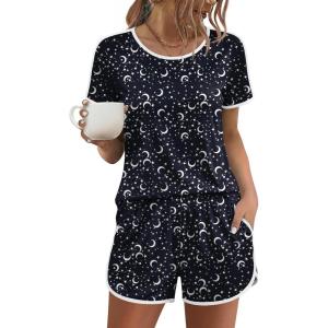 image:imageEkouaer Womens Pajama Sets Short Sleeve Sleepwear Soft Pjs Sets Round Neck Summer 2 Piece Lounge Set with Pockets SXXLMoon and Star