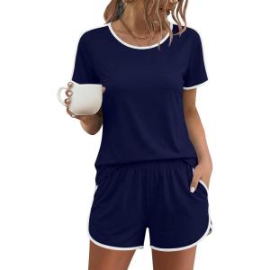 image:imageEkouaer Womens Pajama Sets Short Sleeve Sleepwear Soft Pjs Sets Round Neck Summer 2 Piece Lounge Set with Pockets SXXLNavy Blue