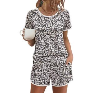 image:imageEkouaer Womens Pajama Sets Short Sleeve Sleepwear Soft Pjs Sets Round Neck Summer 2 Piece Lounge Set with Pockets SXXLWhite Leopard