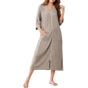 image:imageEkouaer Zipper Robes for Women 34 Sleeve Bathrobe Lightweight House Coats for Women with Pockets Long Moo Moo NightgownKhaki