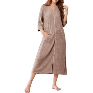 image:imageEkouaer Zipper Robes for Women 34 Sleeve Bathrobe Lightweight House Coats for Women with Pockets Long Moo Moo NightgownLight Brown