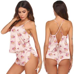 image:imageEkouaer Silk Pajamas Set for Women Satin Backless Lingerie Pjs Cami Top and Shorts NightwearChampagne Love Teddy