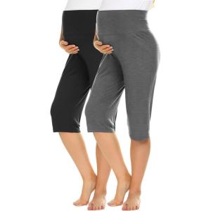image:imageEkouaer 2 Pack Womens Capris Maternity Shorts High Waist Pregnancy Cropprd Pants Stretchy Lounge BottomsBlackDark Grey