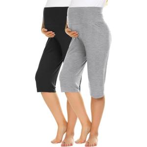 image:imageEkouaer 2 Pack Womens Capris Maternity Shorts High Waist Pregnancy Cropprd Pants Stretchy Lounge BottomsBlackLight Grey