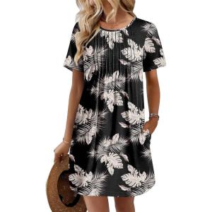 image:imageEkouaer Swimsuit Coverup for Women 2026 Short Sleeve Bathing Suit Cover Ups Beach Summer TShirt Dresses with PocketsKhaki Black Leaf