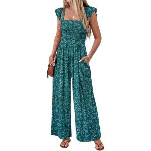 image:imageEkouaer Womens Casual Jumpsuits Summer Boho Outfits Printed Smocked Wide Leg Vacation Jumper With Pockets SXXLGreen Floral