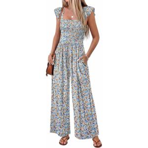 image:imageEkouaer Womens Casual Jumpsuits Summer Boho Outfits Printed Smocked Wide Leg Vacation Jumper With Pockets SXXLWhite Floral