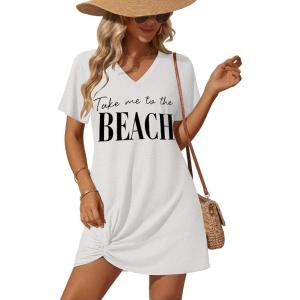 image:imageEkouaer Womens Coverup Short Sleeve Swimsuit Cover Ups 2026 Summer Bathing Suit Cover Twisted Cover Up Dress S2XLWhite Beach Letter
