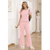 image:imageEkouaer Two Piece Sets for Women 2026 Travel Outfits Short Sleeve Top Wide Leg Pants Rib Tracksuits Summer Fashion Lounge SetLight Pink
