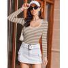 image:imageEkouaer Womens Long Sleeve Shirts Square Neck Slim Fit Basic Tops Ribbed Thermal Undershirts Layering TeeWhite Brown Stripe