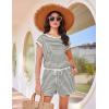 image:imageEkouaer Womens Rompers for Summer Casual One Piece Short Jumpsuit 2026 Striped Cap Sleeve Beach Clothes Travel OutfitsBeige Striped