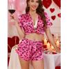 image:imageEkouaer Womens Silk Satin Pajamas Short Sleeve PJS Shorts Set Soft Button Down Sleepwear 2 Piece Loungewear S5XLRose Red Heart Leopard Print