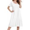 image:imageEkouaer Cotton Nightgowns for Women Short Sleeve House Dress Pleated Night Gown Button Sleep Shirt Ladies NightdressWhite
