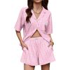 image:imageEkouaer Two Piece Sets for Women Summer Y2K Shirt and Shorts Beach Vacation Cruise Outfits Travel Sweatsuits Lounge SetPink White Plaid