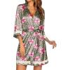 image:imageEkouaer Womens LaceTrim Silk Robes Bride Bridesmaid Kimono Satin Bathrobe V Neck Sleepwear with 34 SleeveFlower Leopard