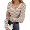 image:imageEkouaer Womens Long Sleeve Shirts Square Neck Slim Fit Basic Tops Ribbed Thermal Undershirts Layering TeeWhite Brown Stripe