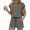 image:imageEkouaer Womens Rompers for Summer Casual One Piece Short Jumpsuit 2026 Striped Cap Sleeve Beach Clothes Travel OutfitsBlack Striped