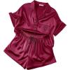 image:imageEkouaer Womens Silk Satin Pajama Set 2 Piece Heart Embroidery Short Sleeve Button Down Pjs Set for Bridal PartyBurgundy