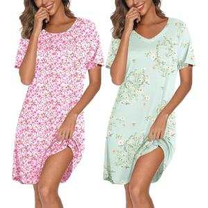 image:imageEkouaer 2 Pack Nightgowns for Women Bamboo Viscose Sleep Shirts Short Sleeve Nightshirt V neck Sleepdress Soft SleepwearFloral PinkFloral Light Green
