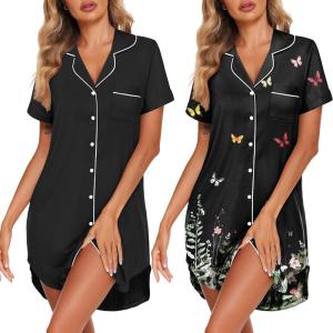 image:imageEkouaer 2 Pack Nightgowns for Women Button Down Sleepshirts Short Sleeve Sleepwear V Neck Nightshirt Pajama DressBlackBlack Butterfly