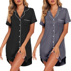 image:imageEkouaer 2 Pack Nightgowns for Women Button Down Sleepshirts Short Sleeve Sleepwear V Neck Nightshirt Pajama DressBlackGrey
