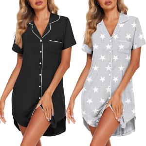 image:imageEkouaer 2 Pack Nightgowns for Women Button Down Sleepshirts Short Sleeve Sleepwear V Neck Nightshirt Pajama DressBlackGrey Stars