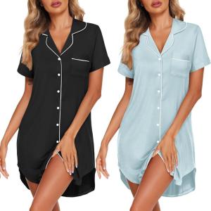 image:imageEkouaer 2 Pack Nightgowns for Women Button Down Sleepshirts Short Sleeve Sleepwear V Neck Nightshirt Pajama DressBlackLight Blue