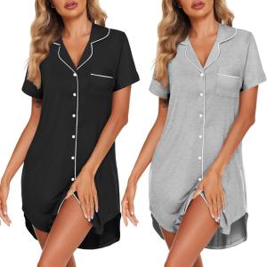 image:imageEkouaer 2 Pack Nightgowns for Women Button Down Sleepshirts Short Sleeve Sleepwear V Neck Nightshirt Pajama DressBlackLight Grey
