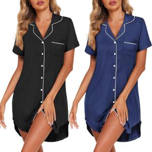 image:imageEkouaer 2 Pack Nightgowns for Women Button Down Sleepshirts Short Sleeve Sleepwear V Neck Nightshirt Pajama DressBlackNavy Blue