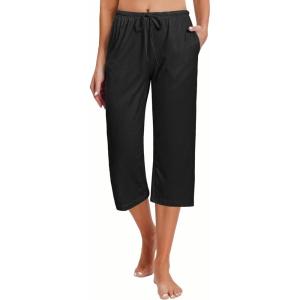 image:imageEkouaer 2 Pack Womens Capri Pajama Pants Printed Drawstring Comfy Pj Bottoms With PocketsBlack