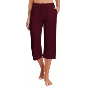 image:imageEkouaer 2 Pack Womens Capri Pajama Pants Printed Drawstring Comfy Pj Bottoms With PocketsBurgundy