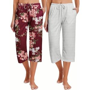 image:imageEkouaer 2 Pack Womens Capri Pajama Pants Printed Drawstring Comfy Pj Bottoms With PocketsFlower  Grey Stripe