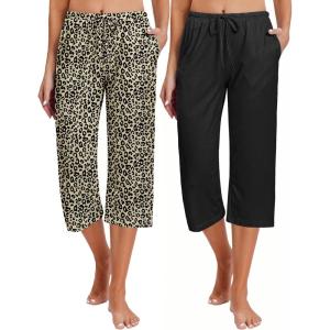 image:imageEkouaer 2 Pack Womens Capri Pajama Pants Printed Drawstring Comfy Pj Bottoms With PocketsLeopard  Black
