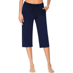 image:imageEkouaer 2 Pack Womens Capri Pajama Pants Printed Drawstring Comfy Pj Bottoms With PocketsNavy Blue