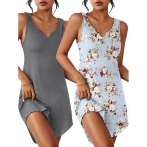 image:imageEkouaer 2 Pack Womens Sleeveless Sleep Shirts VNeck Tank Nightdress Chemise Nightgown Soft Pajama Sleepwear Lounge DressGreyBlue Floral