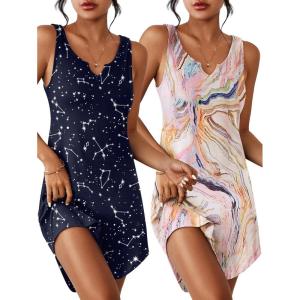 image:imageEkouaer 2 Pack Womens Sleeveless Sleep Shirts VNeck Tank Nightdress Chemise Nightgown Soft Pajama Sleepwear Lounge DressPink MarbleBlue Star