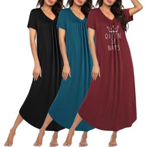 image:imageEkouaer 3 Pack Long Nightgowns for Women Plus Size House Dress Short Sleeve Night Gown V Neck Casual Nightshirt M5XLBlackBlue GreenWine Red Print