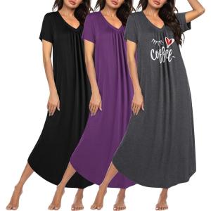 image:imageEkouaer 3 Pack Long Nightgowns for Women Plus Size House Dress Short Sleeve Night Gown V Neck Casual Nightshirt M5XLBlackGrey PrintPurple
