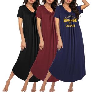 image:imageEkouaer 3 Pack Long Nightgowns for Women Plus Size House Dress Short Sleeve Night Gown V Neck Casual Nightshirt M5XLBlackWine RedNavy Print