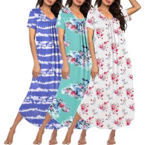 image:imageEkouaer 3 Pack Long Nightgowns for Women Plus Size House Dress Short Sleeve Night Gown V Neck Casual Nightshirt M5XLBlue FloralPink FloralBlue Striped