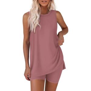 image:imageEkouaer Biker Short Sets Womens 2 Piece Lounge Set 2026 Summer Matching Outfits Sleeveless Loungewear clothingCamel