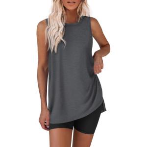 image:imageEkouaer Biker Short Sets Womens 2 Piece Lounge Set 2026 Summer Matching Outfits Sleeveless Loungewear clothingDark Grey