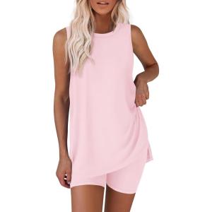 image:imageEkouaer Biker Short Sets Womens 2 Piece Lounge Set 2026 Summer Matching Outfits Sleeveless Loungewear clothingPink