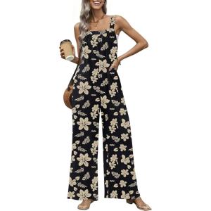 image:imageEkouaer Casual Jumpsuits for Women Adjustable Straps Overalls One Piece Jumpsuit Wide Leg Rompers With Pockets SXXLBlack Flowers